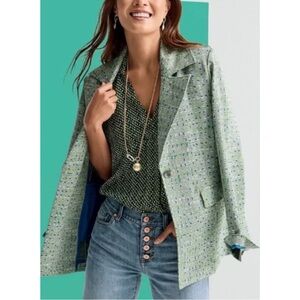CABI Presentation Blazer Jacquard Knit Tweed Geometric Green Blue Jacket Medium